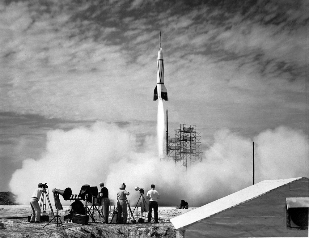 Black and white photo of 1960s NASA rocket